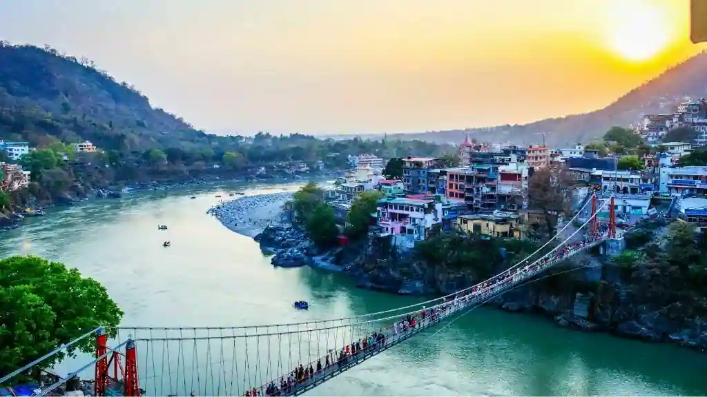 A scenic view of Rishikesh including Ram Jhula and rafting route