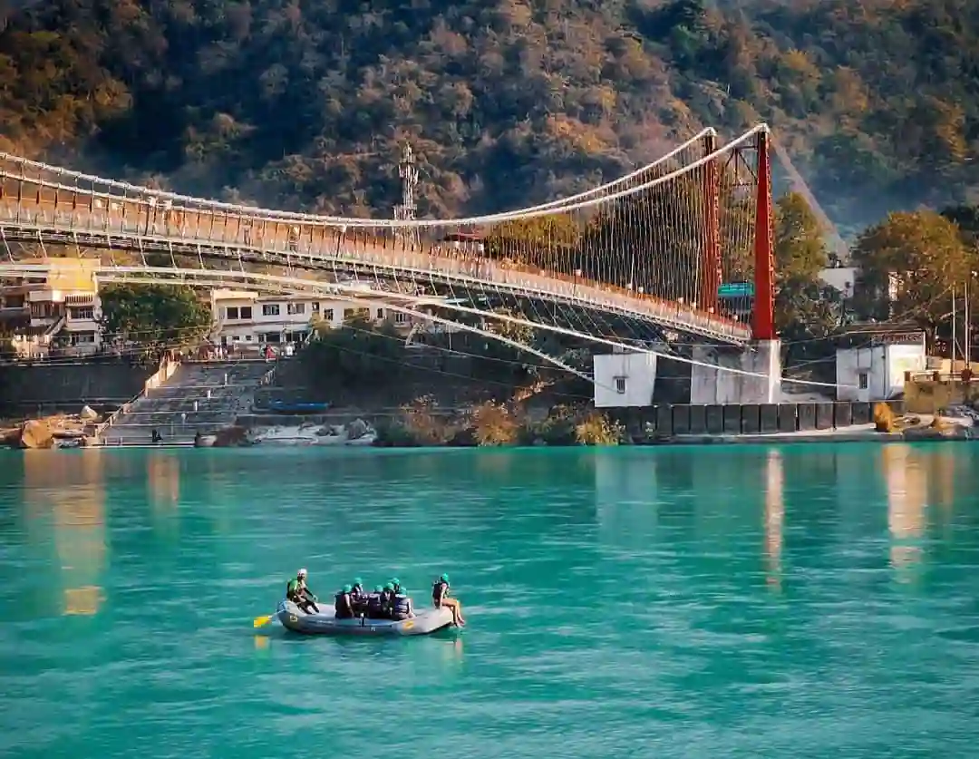 People rafting near Laxman Jhula bridge of Rishikesh