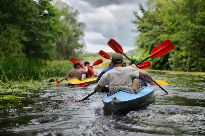 A group of people riding a kayak in a river surrounded by a forest