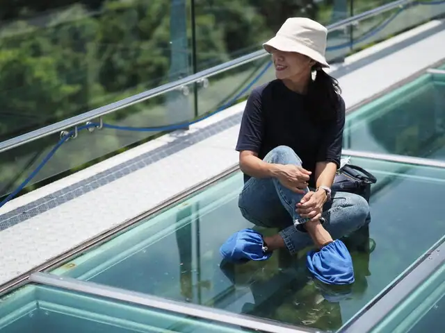 A woman sitting n the skywalk platform.